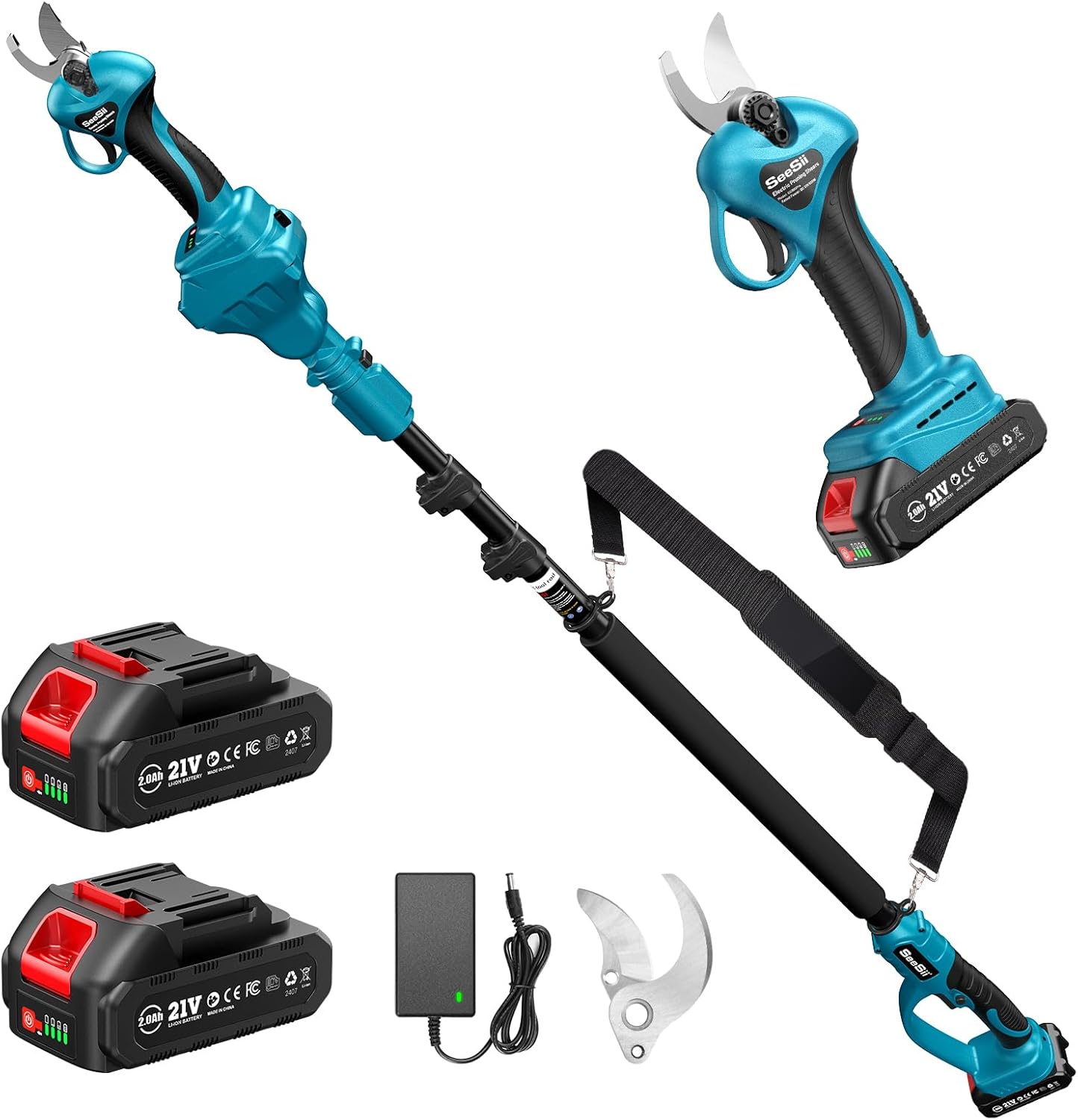 SEESII Akku Astschere Teleskop, Elektrische Gartenschere mit Teleskopstange bis 4,57m Reichweite, 2x2000mAh Batterien, 33mm Akku Baumschere & Astschere für Garten