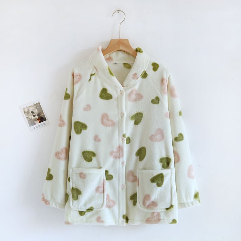 Dogini - Fleece pyjamatop met lange mouwen, opstaande kraag, patroon en knoopjes