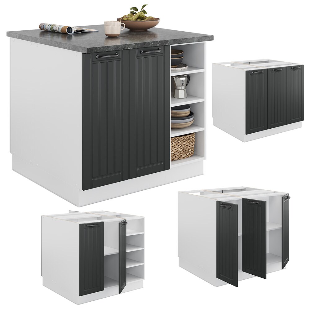 Vicco Kücheninsel Küchenblock Einbauküche Fame-Line Landhaus Weiß Dunkelgrau 90 cm Küchen Schränke Regalunterschrank Küchenunterschrank Regalinselunterschrank Softclose-Scharnier Küchenmöbel