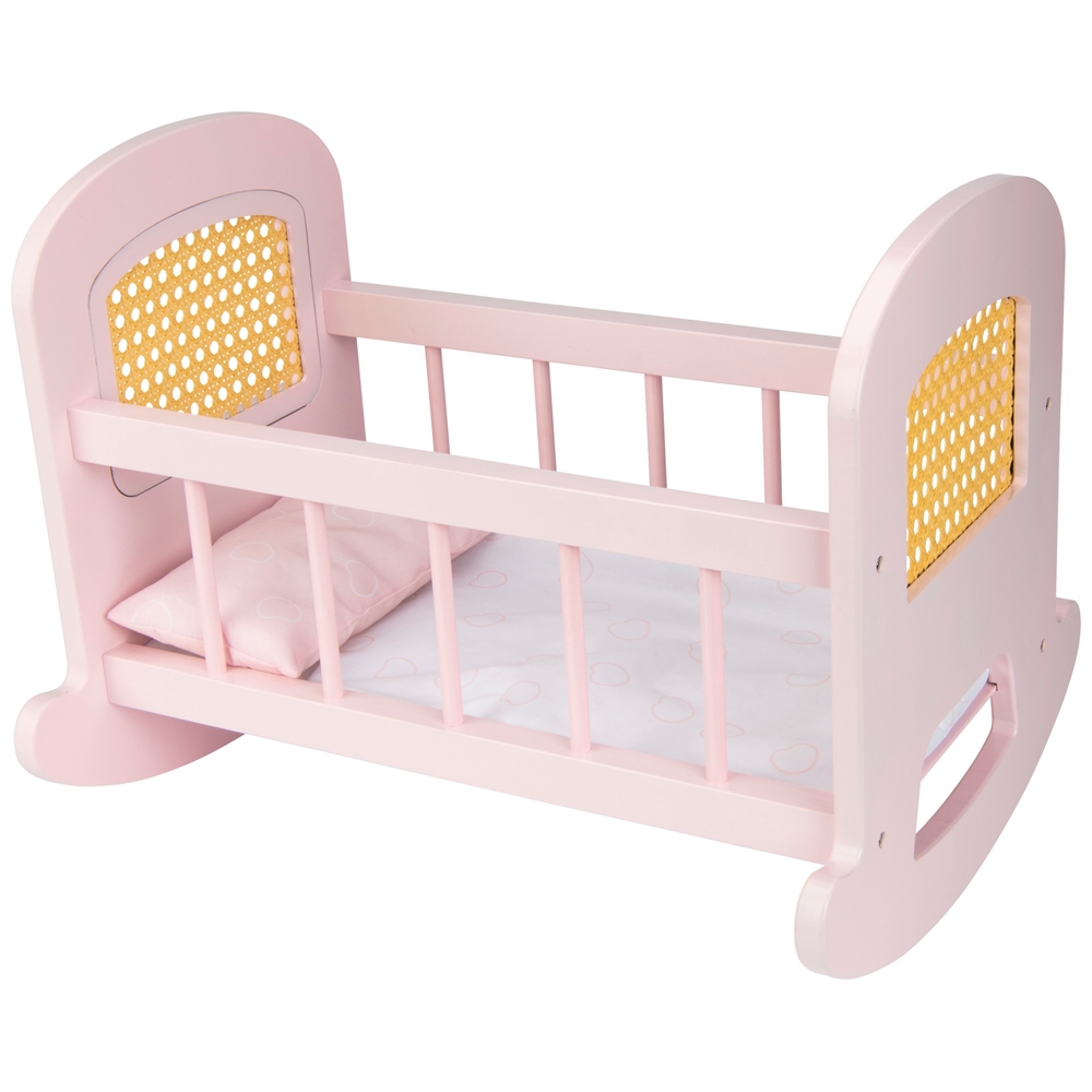 Puppenwiege aus Holz und Rattan mit Dimples-Motiv