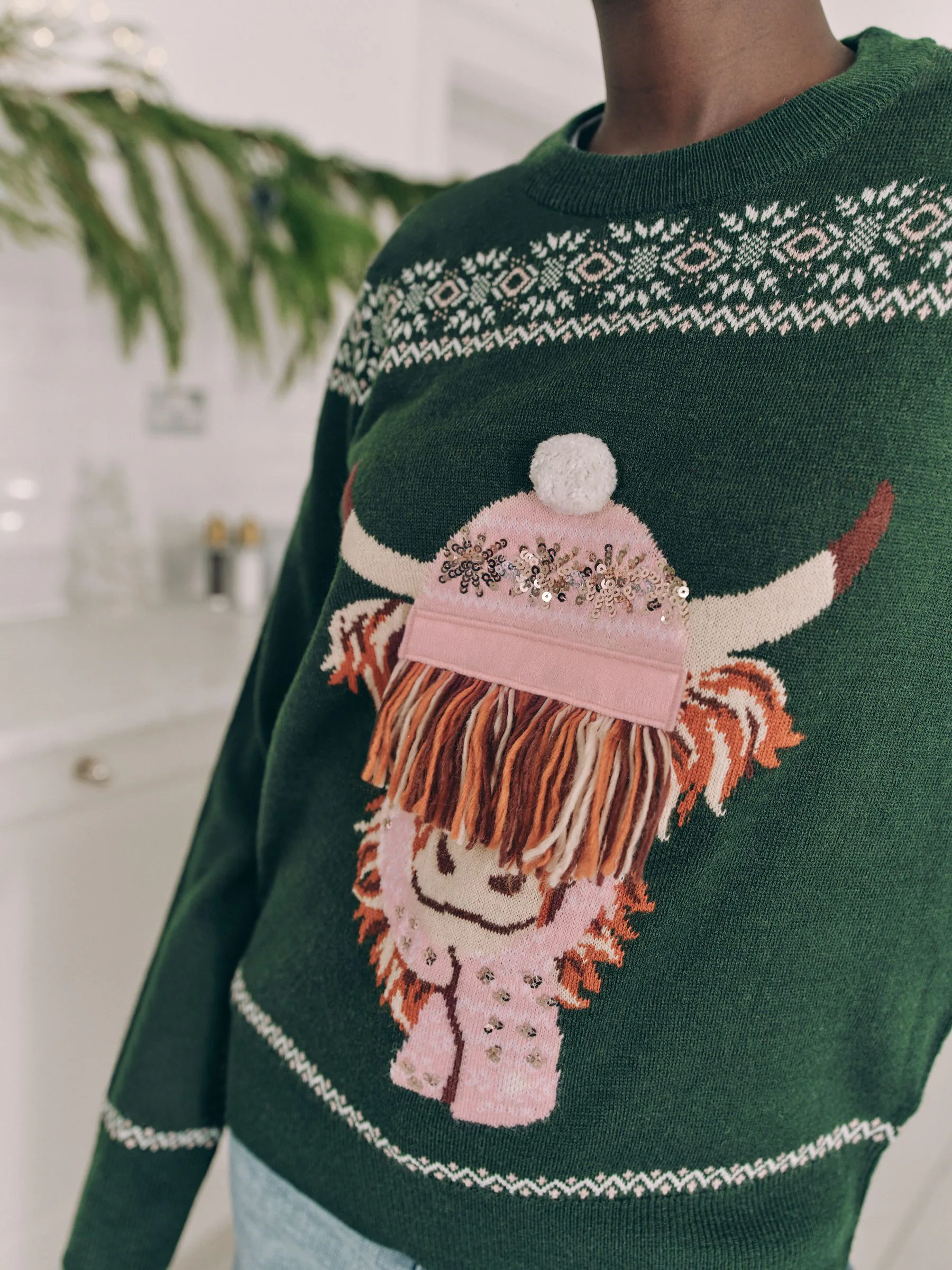 Donkergroen - Wollen Matching Family kersttrui voor dames met Hamish de Highland Cow