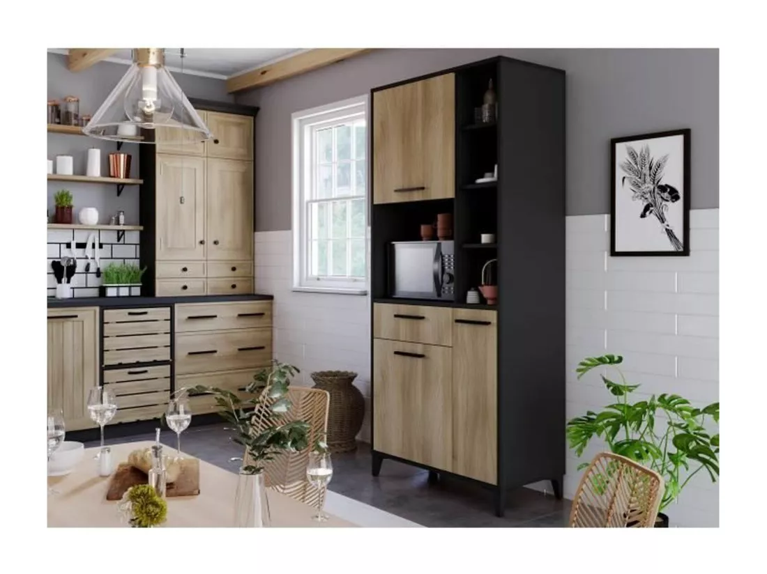 Buffet haut de cuisine - 3 portes et 1 tiroir - Mélamine chêne et noir - 80 x 40 x 178 cm
