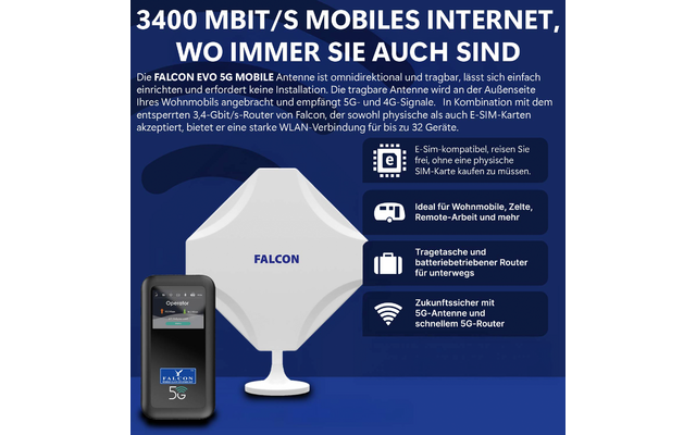 Falcon Evo 5G Mobile Deluxe Internetantenne mit tragbarem Router und bis zu 3400 Mbit/s Geschwindigkeit
