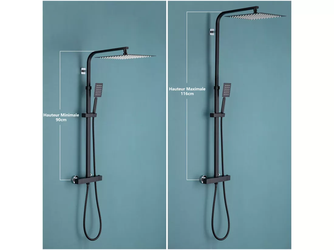 Colonne de Douche Thermostatique Noir Ensemble de Douche avec Douche de Tête Supérieur Ultra-mince Hauteur Réglable pour Salle de Bain