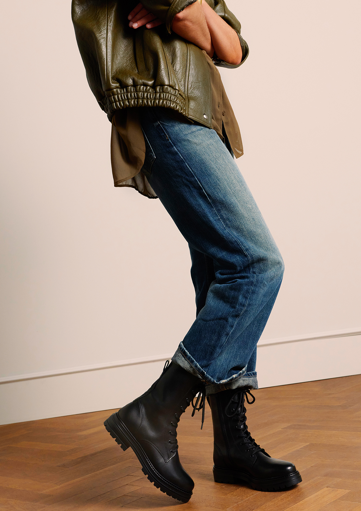 Zwarte leren biker boots met veters