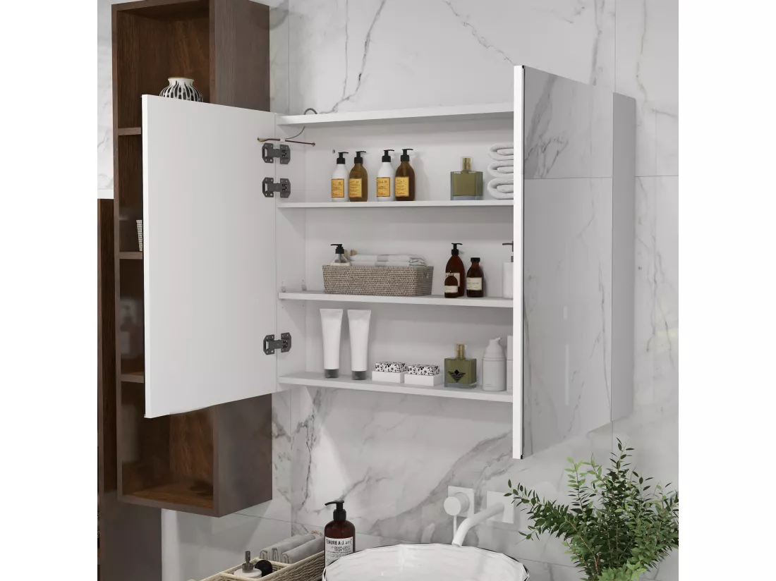 Armoire miroir LED de salle de bain - 2 portes, 2 étagères - tactile, lumière réglable - MDF blanc laqué verre