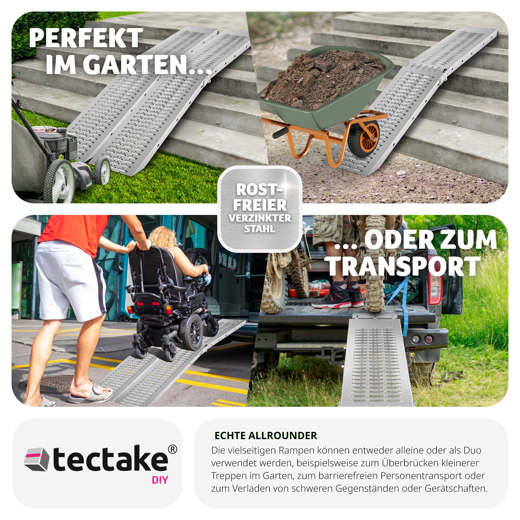 tectake® Auffahrrampen, 2er Set, aus verzinktem Stahl, Belastbarkeit 400 kg, 200 kg pro Rampe