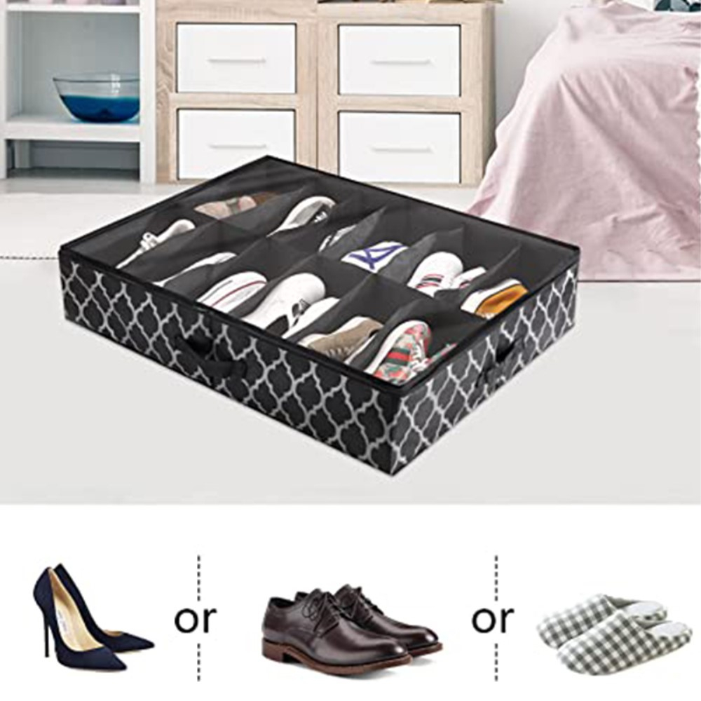 (75x60cm) 12-fach Schuh Organizer Faltbare Aufbewahrungsfächer mit Reissverschluss - Schwarz
