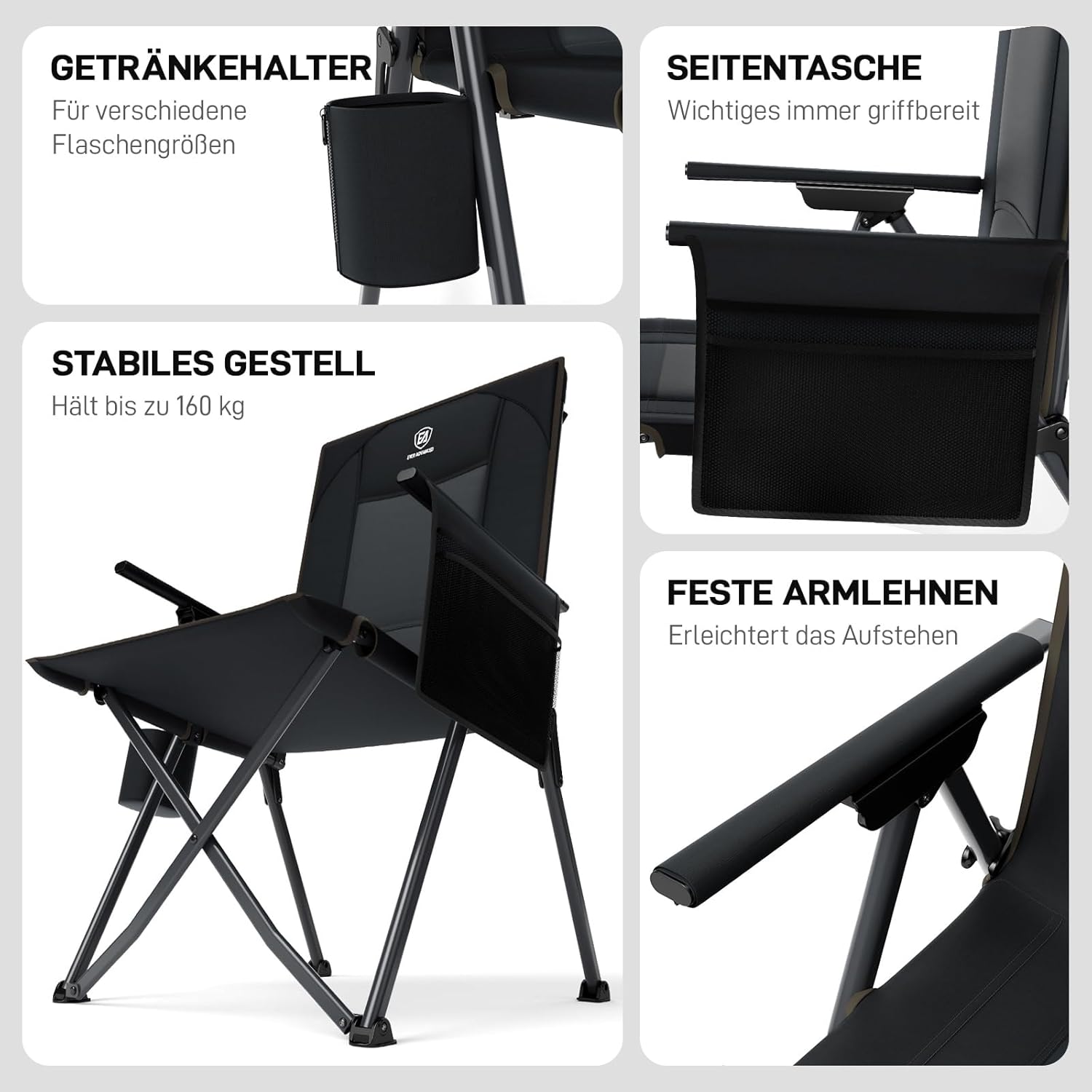 EVER ADVANCED Campingstuhl Faltbar Rückenverstellbar in 4 Positionen 160KG Belastbar, Klappstuhl Recliner Campingstuhl Klappbar mit Seitentasche & Getränkehalter, Angelstuhl für Camping Garten Balkon