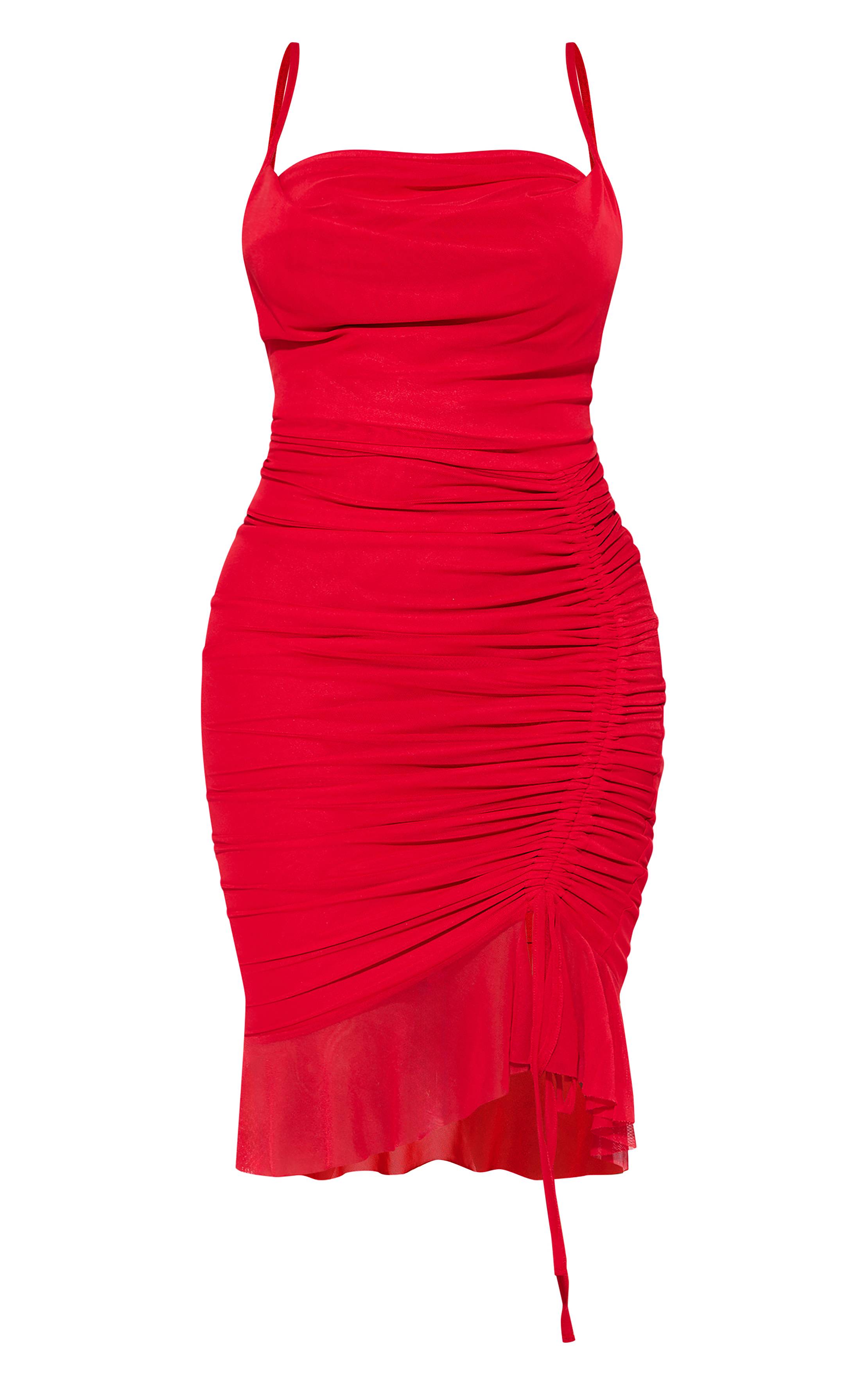 Rouge Robe Mi-longue Moulante En Mesh Avec Col Bénitier Et Détails Froncés