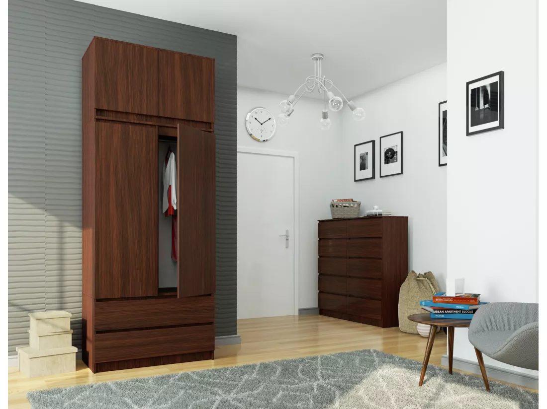 Armoire avec surmeuble AKORD S90 Wengé 90 cm 2 portes 2 tiroirs façade Wengé 6 étagères 90x51x234 cm