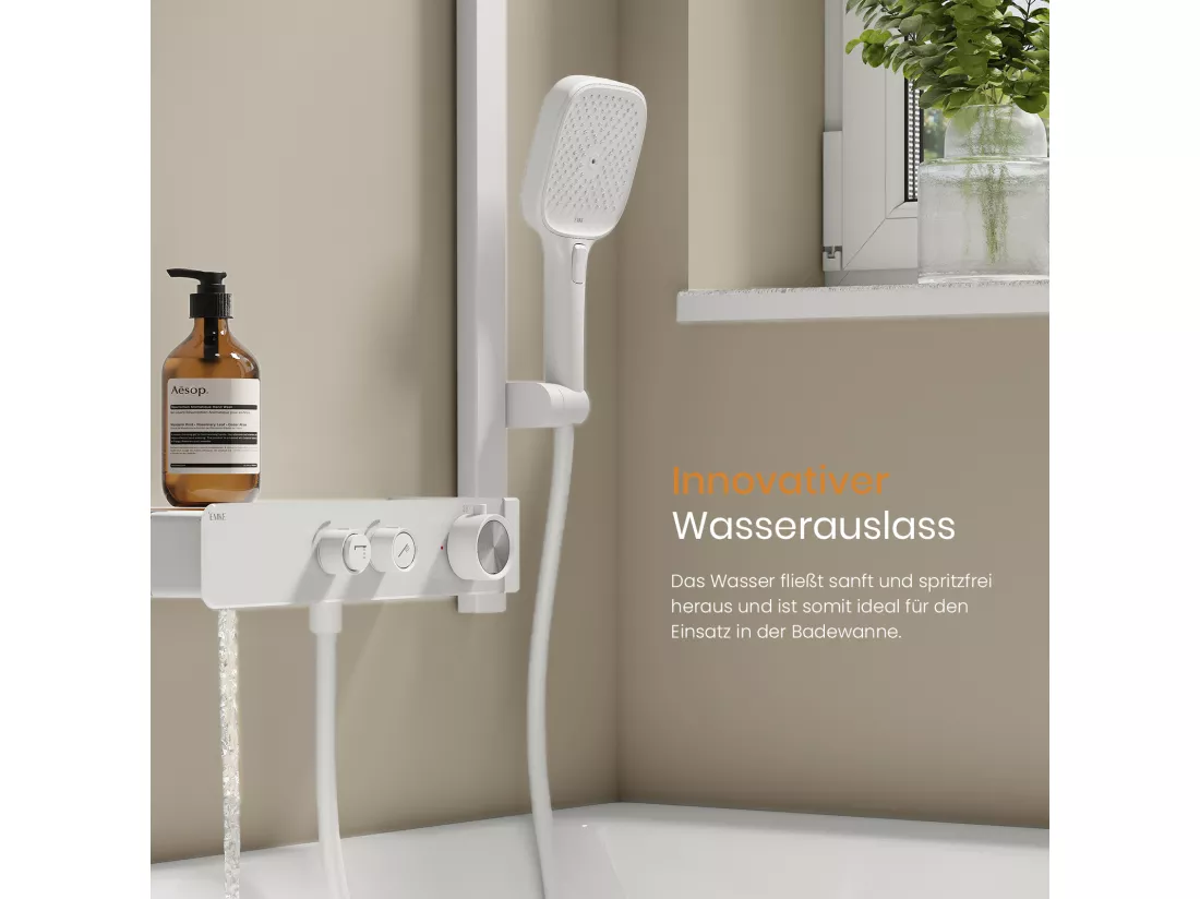 EMKE Colonne de Douche Thermostatique – Blanc Mat, Débit d'Eau Ajustable,Design Minimaliste Séparé, Douchette 3 Fonctions,Kit de Douche