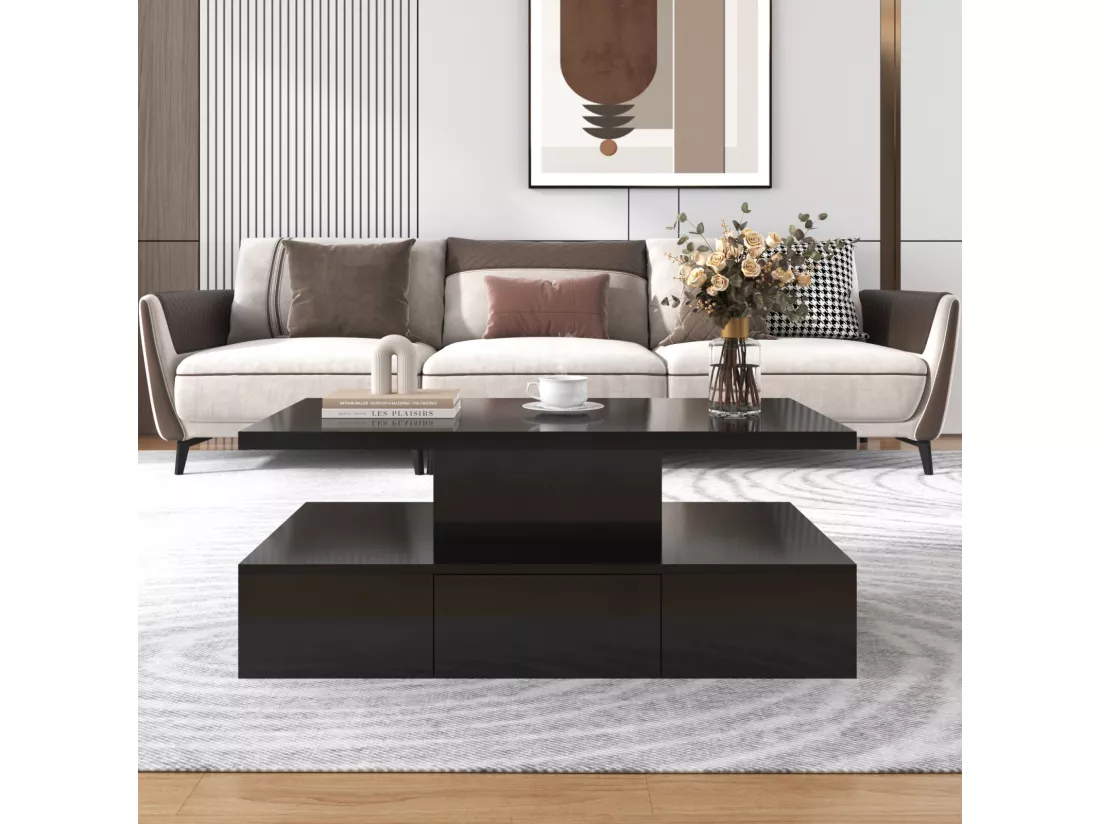 Table basse rectangulaire avec 1 tiroir et LED, 2 niveaux de stockage, 100x50x39cm, Noir