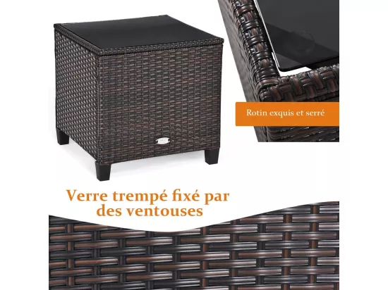 Salon de Jardin en Rotin et fibre naturelle - 3 Pièces - Charge 180KG - 2 Fauteuils et Table Basse avec Plateau en Verre Trempé – Beige