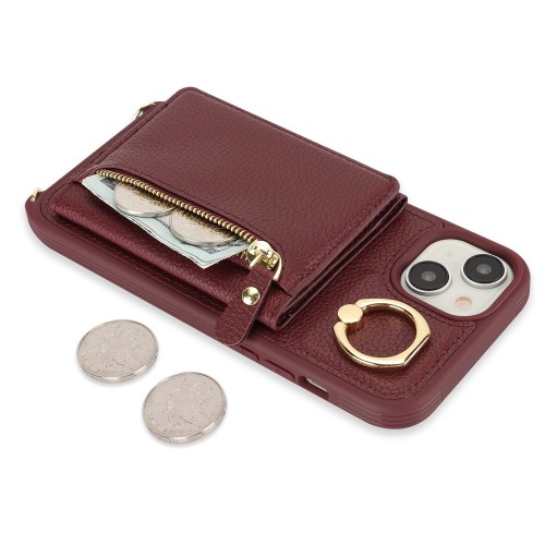 iPhone 14 / iPhone 13 Necklace Leder Hülle mit Münzfach und Kartenfächer   Finger Griff Halterung   Handykette - Weinrot