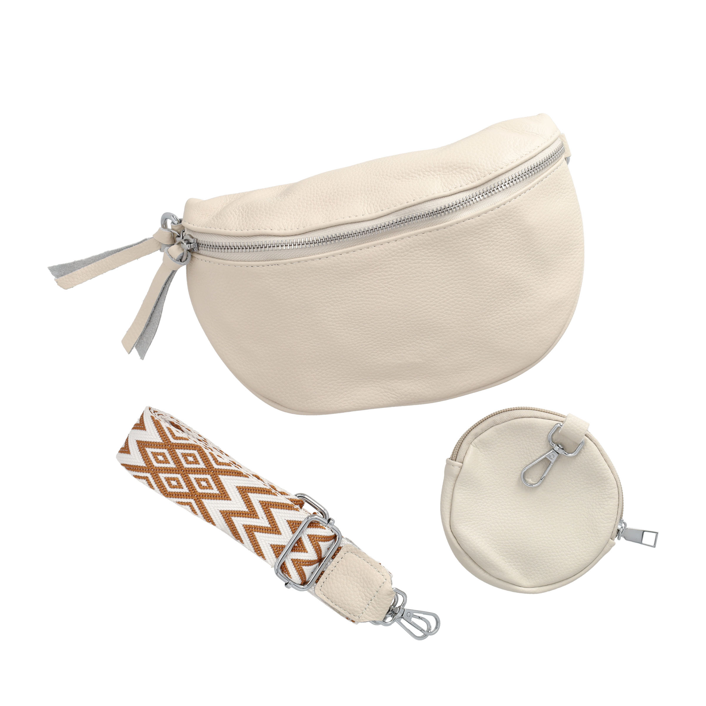 (25x15cm) Echtleder Schultertasche Fashion Crossbody Bag Bauchtasche mit Anhänger - Beige
