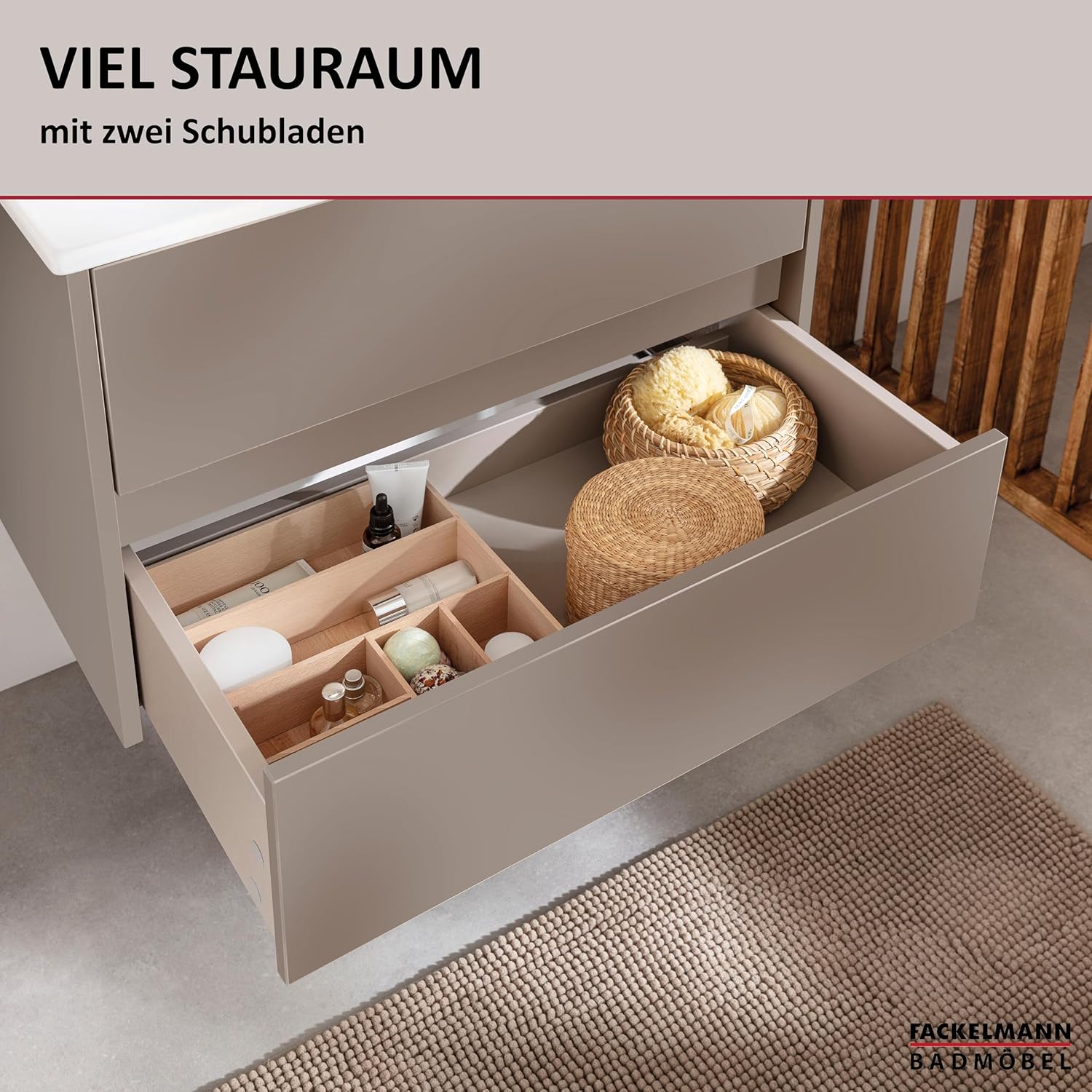 FACKELMANN Compact Line Waschbeckenunterschrank mit Keramikwaschbecken – 2-teiliges Badmöbel-Set in Kaschmir/grau, 71cm breit, 2 Schubladen, wechselbare Griffleiste – Made in Germany