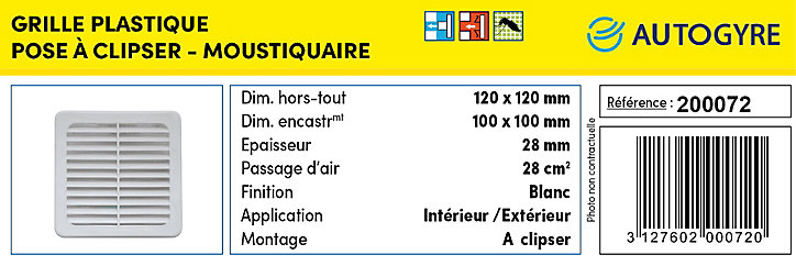 Grille d'aération PVC à clipser Autogyre avec moustiquaire blanche 100 x 100 mm