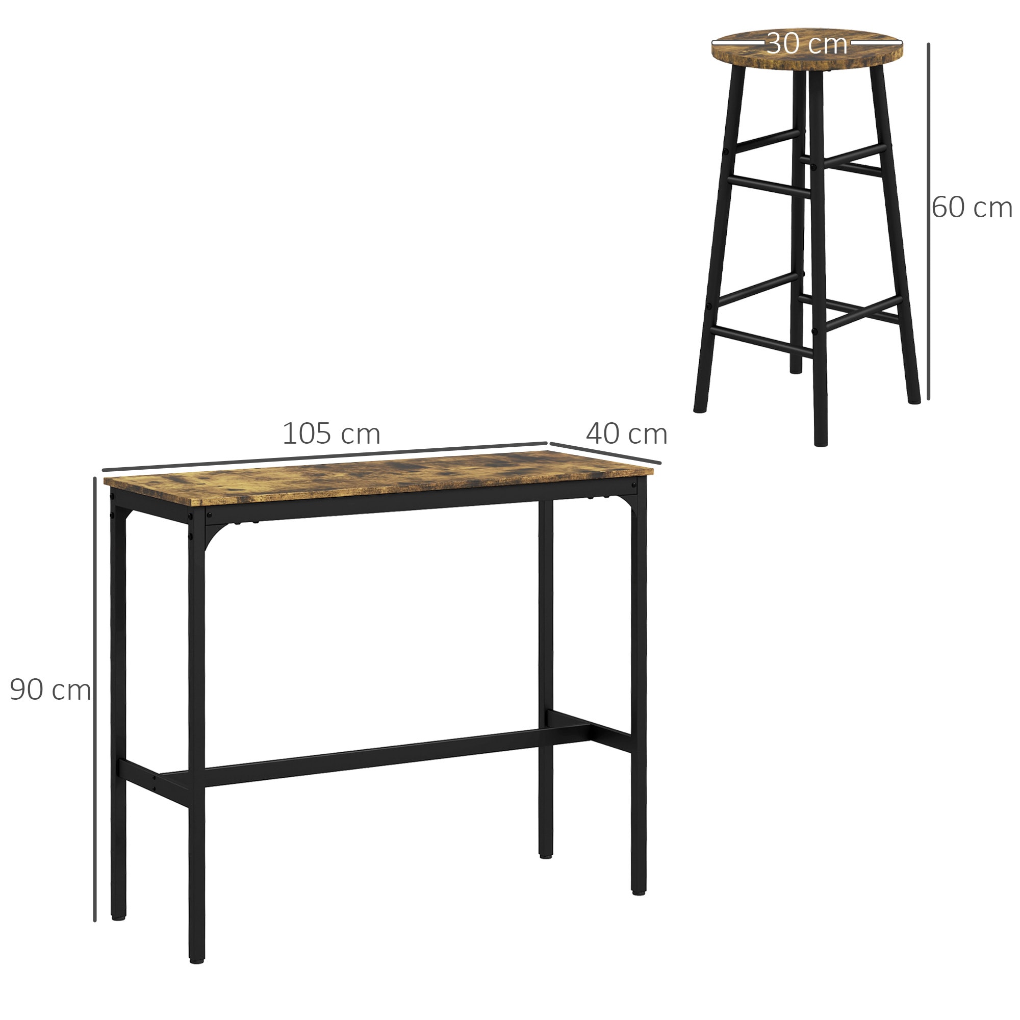 HOMCOM Bartisch-Set mit 2 Hocker braun 105L x 40B x 90H cm