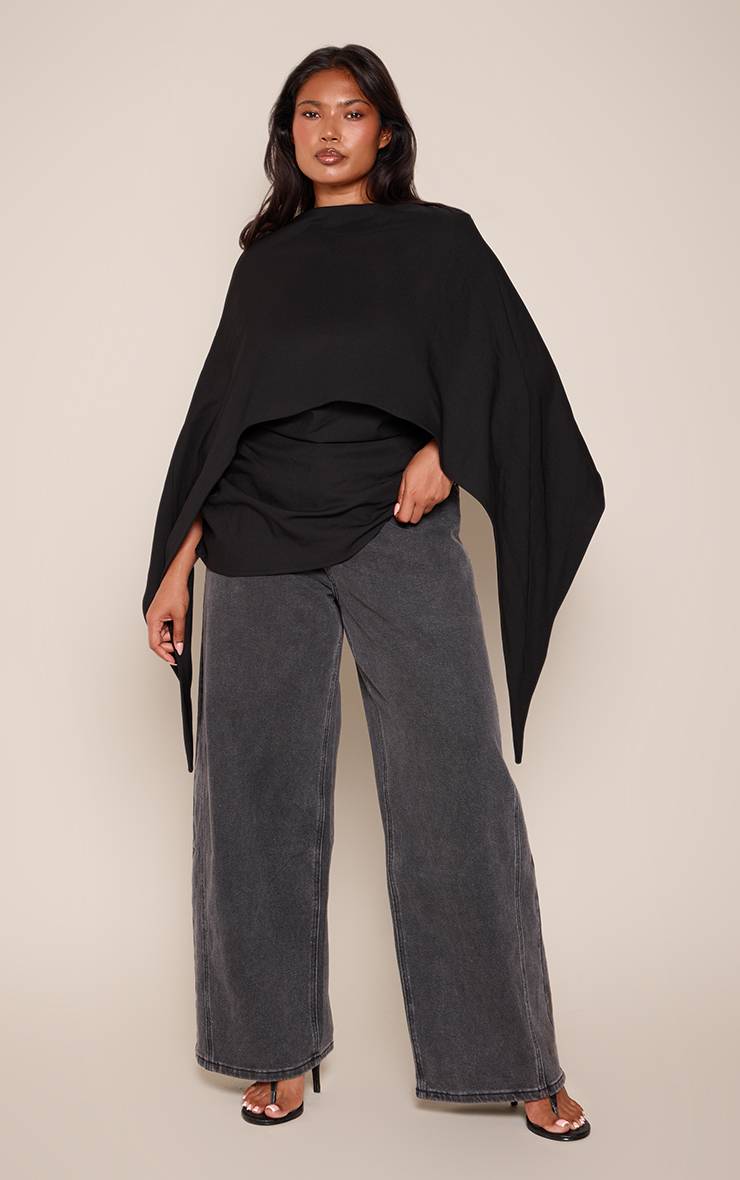 Noir Haut Long Froncé Grande Taille Avec Détail Cape Tissée