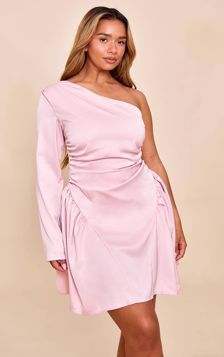 Rose Robe Patineuse Mini Shape En Satin Froncé À Une Épaule