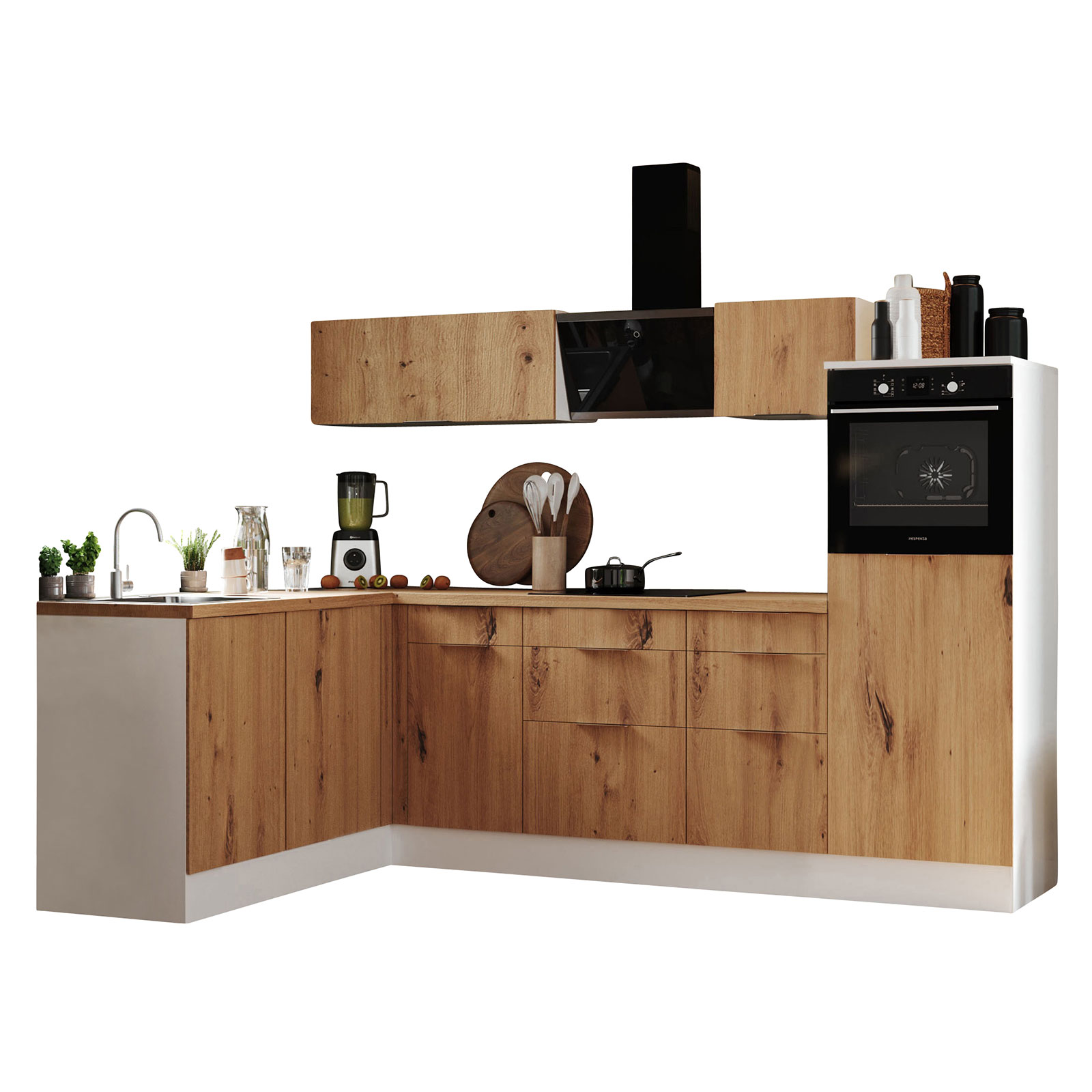 RESPEKTA Winkelküche - Artisan Eiche - weiß matt - mit E-Geräten - 280x175 cm