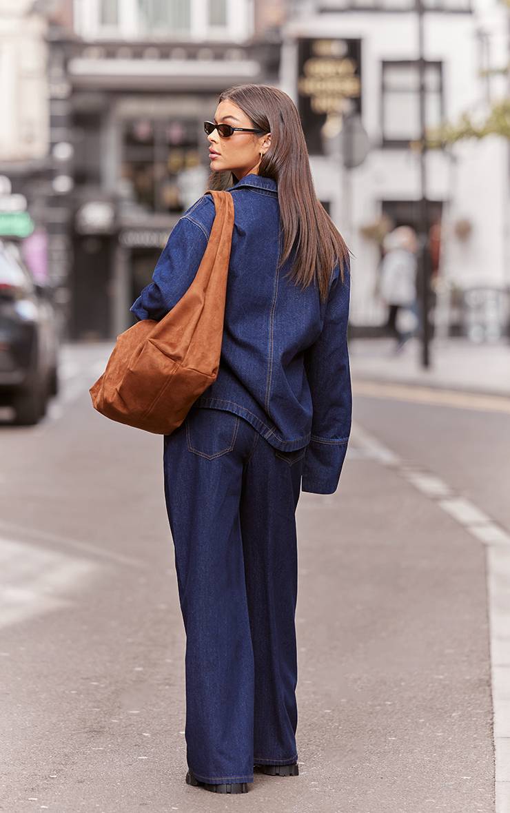Bleu Indigo Chemise Rugby En Denim À Manches Longues Avec Surpiqûres Contrastantes