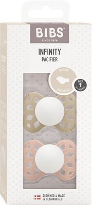 BIBS Infinity Smokker 2-Pack Silikon Str 1 Anatomisk, Vanilla GLOW/Blush GLOW