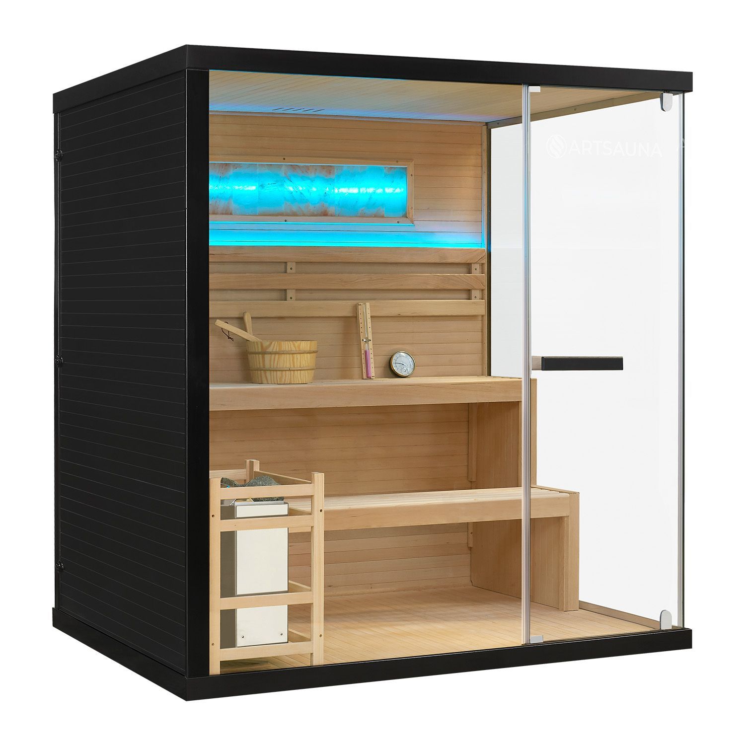 Vorbestellung: Artsauna Saunakabine Vantaa 175 mit Salzstein - Indoor Sauna für 4 Personen, 8 kW Ofen, Glasfront