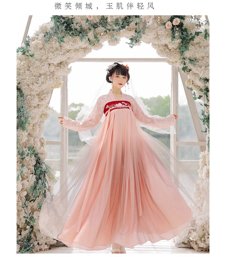 Francoix - Set: Hanfu-top met lange mouwen + maxi-A-lijn rok met geborduurde bloemen