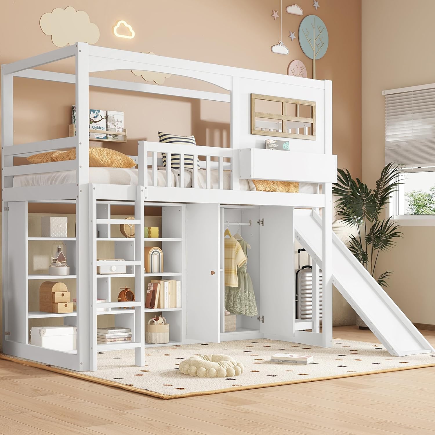 Merax Etagenbett Kinderbett Hochbett mit Rutsche,Stauraum,Kleiderschrank und Fallschutzgitter,Hochbett mit Regal und 4-stufiger Leiter, 90x200 cm, Kiefer + MDF + Sperrholz, Weiß - ohne Matratze
