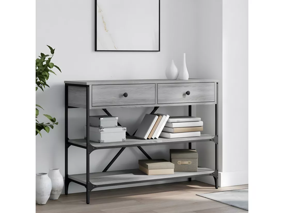 Table console avec tiroirs et étagères gris bois d'ingénierie