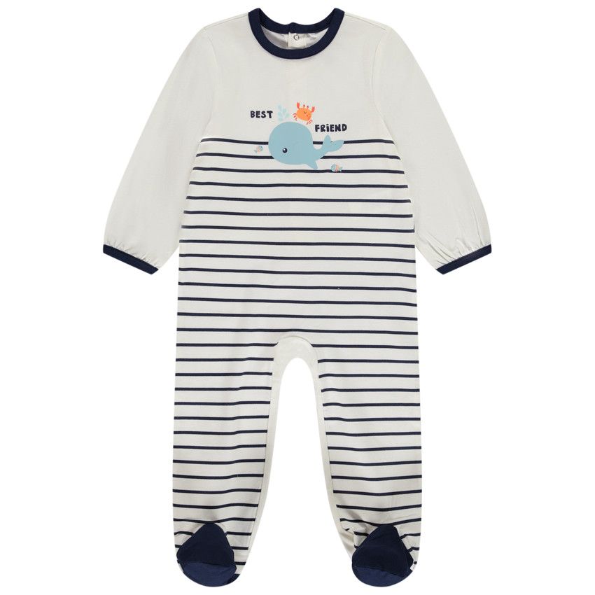 Dors-bien rayé print baleine pour bébé garçon avec ouvertures différentes selon l'âge - Ecru