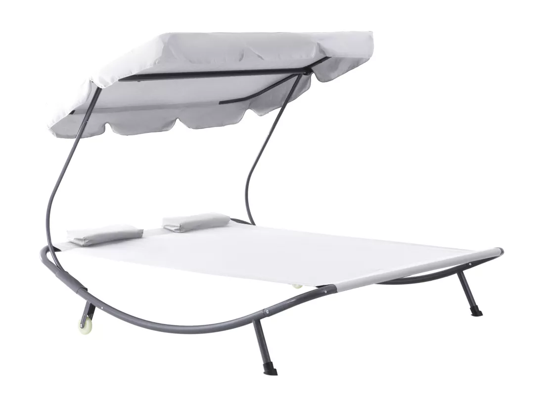 Bain de soleil 2 places lit de jardin design contemporain toit réglable 2 roulettes 2 oreillers acier époxy polyester crème
