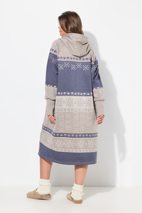 Norweger-Strickfleecekleid, Kapuze, oversize