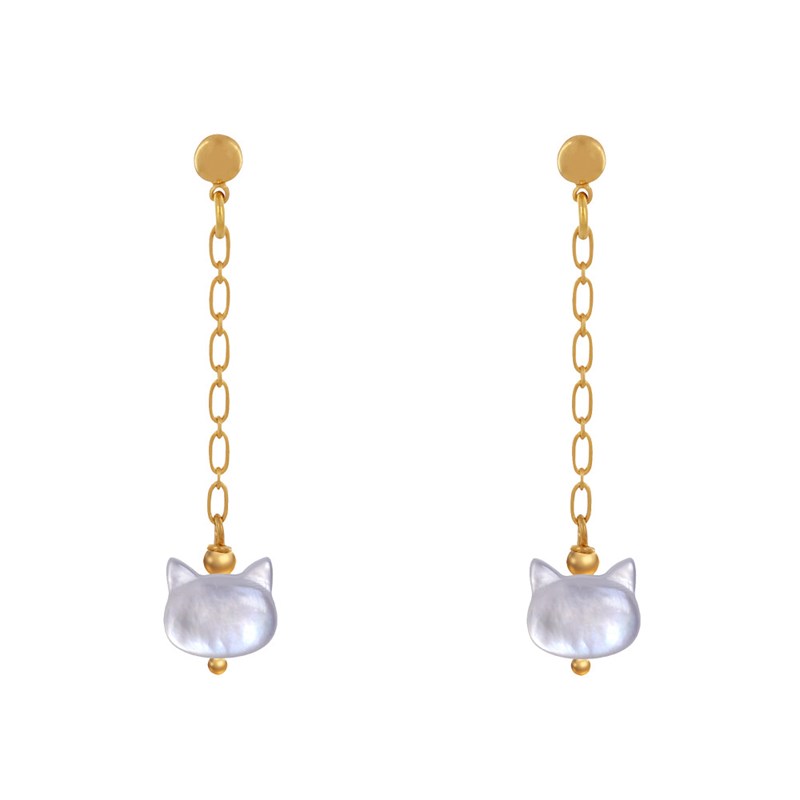 Boucles d'Oreilles Chainette Laiton Doré et Tête de Chat en Nacre