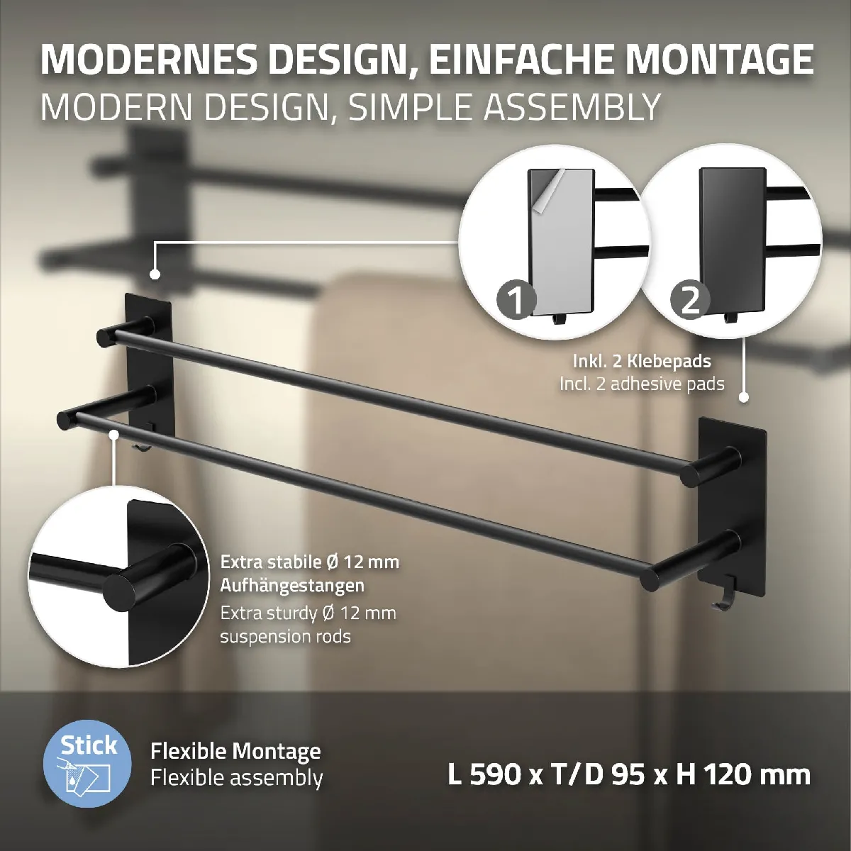 ML-Design Porte-serviettes sans percer - 59cm - Noir
