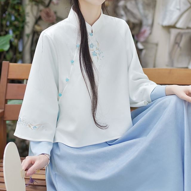 Fioridi - Hanfu-top met lange mouwen, geborduurd bloemenmotief en knopen / A-lijn rok met hoge taille