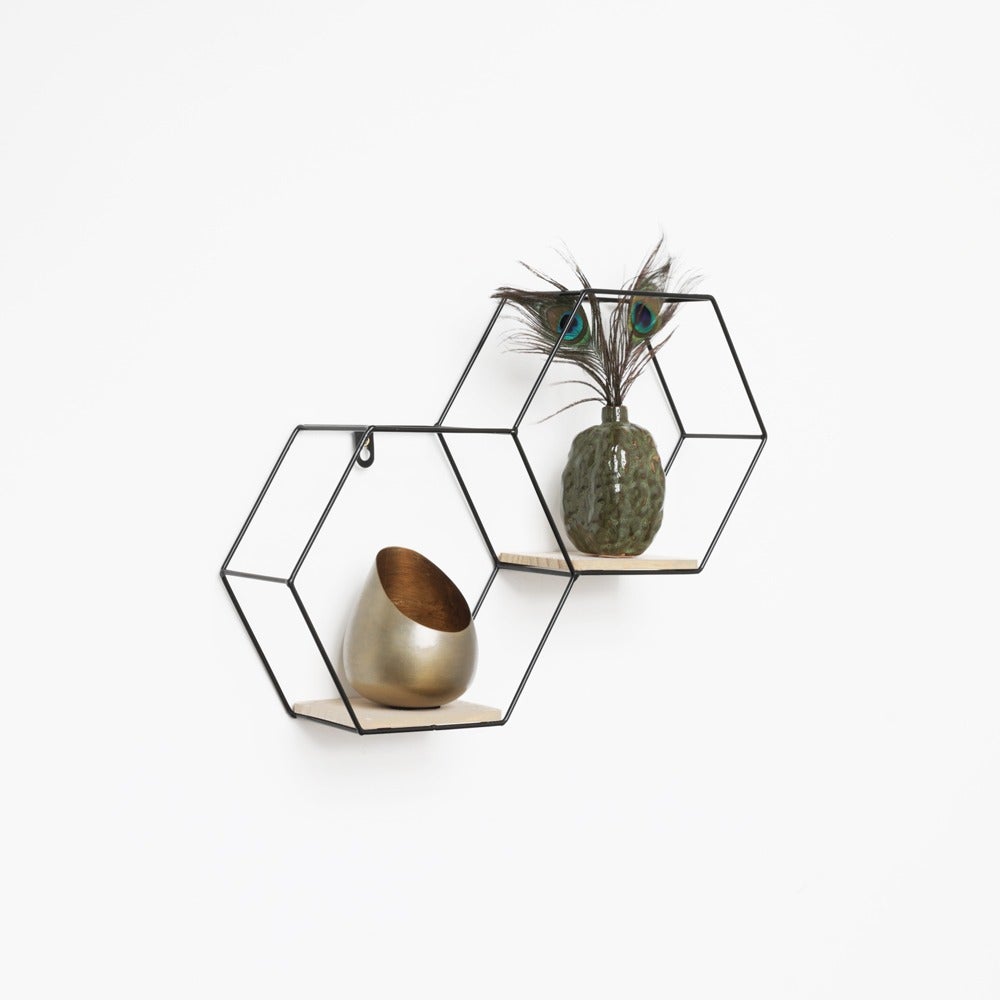 Dubbele zeshoekige metalen wandplank - 30,5 x 41 cm - Zwart