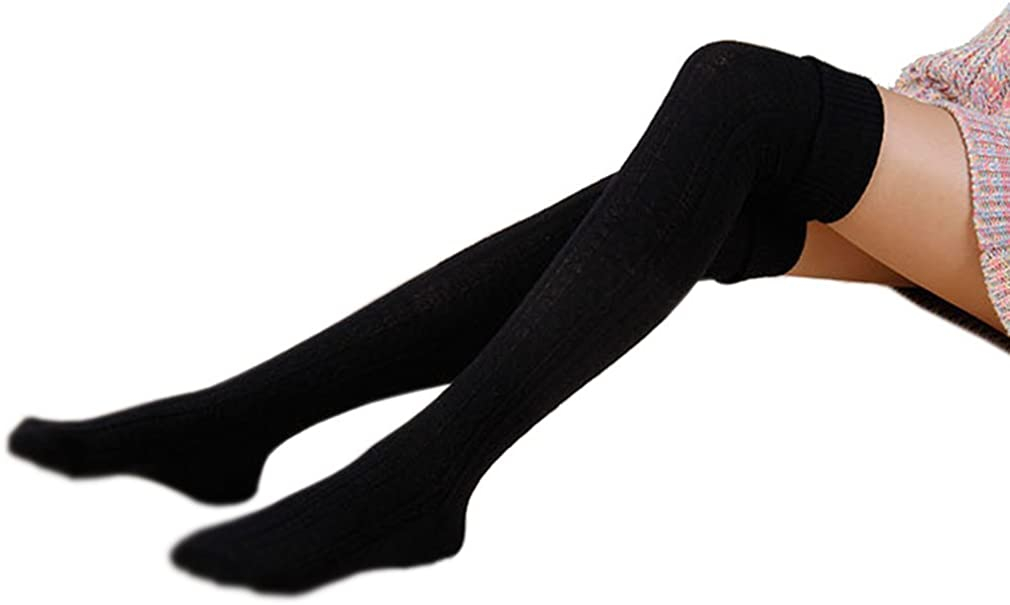(1 Paar) Strick Knie Socken Damen Over Knee Strümpfe (One Size) - Schwarz / Grau