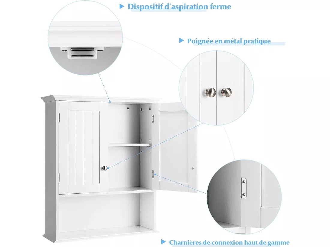 Meuble de salle de bain, armoire murale avec 2 portes et 3 étagères réglable，60x19x71cm