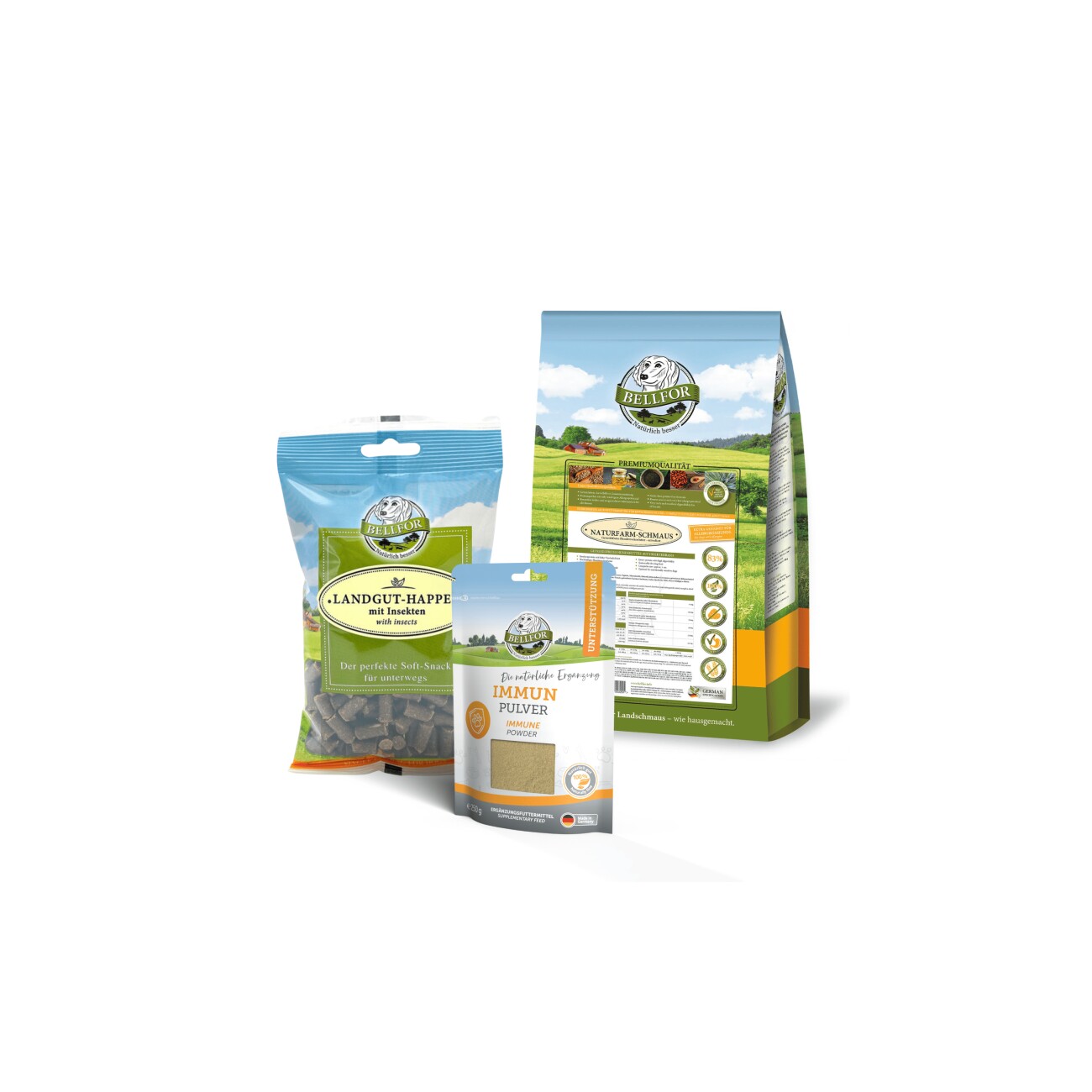 Bellfor Sparset von für mittelgroße Hunde mit Leishmaniose - Naturfarm-Schmaus 2,5 kg + Landgut-Happen 200 g + mmun Pulver 250 g