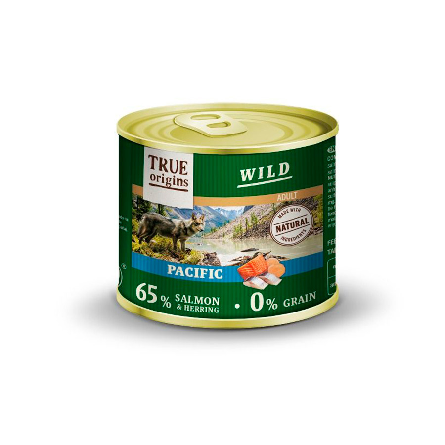 Patê de salmão e arenque selvagens adultos do Pacífico da True Origins em lata para cães.