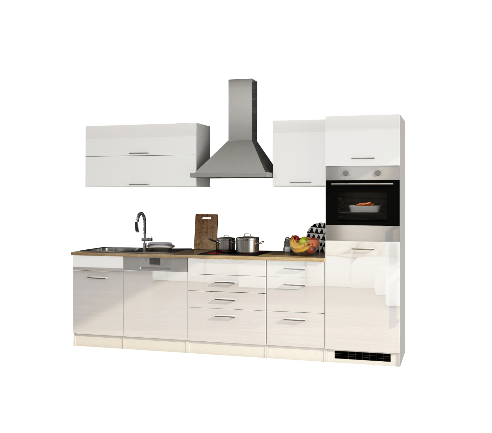 Küchenblock ROM - weiß Hochglanz - mit E-Geräten - 300 cm
