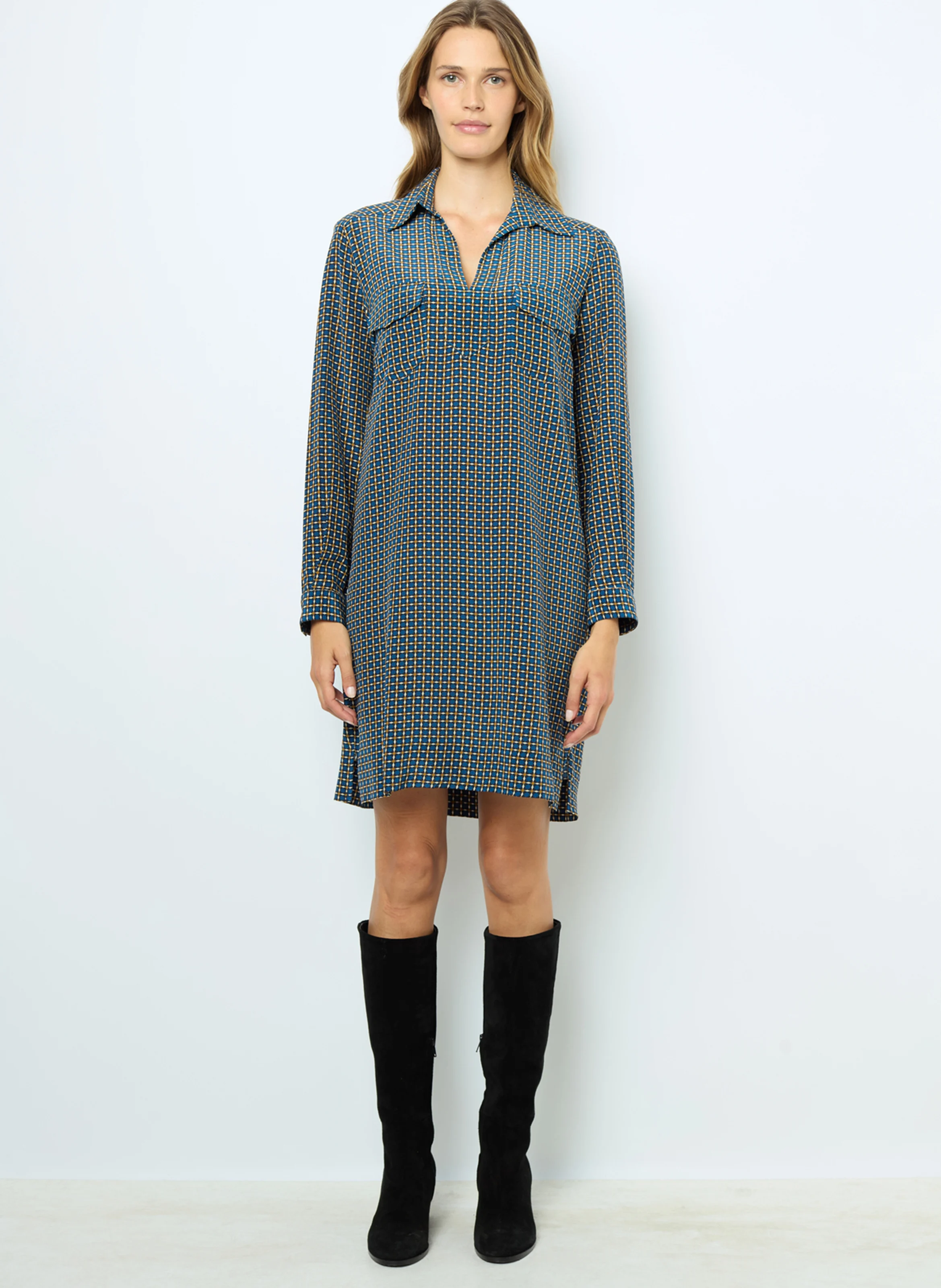 SAPHIA - Robe droite col classique en soie | Bleu