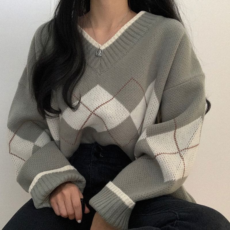 BrickBlack - V-hals Argyle Oversized Trui