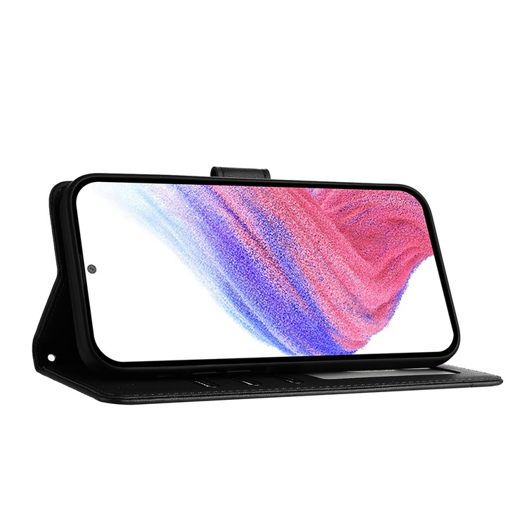 Samsung Galaxy S25 Leder Tasche Litchi Look mit Katzen Imprint (RFID Schutz) - Schwarz