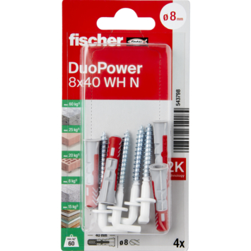 Fischer Universeelplug DuoPower 8x40mm met witte schroefduim 4 stuks