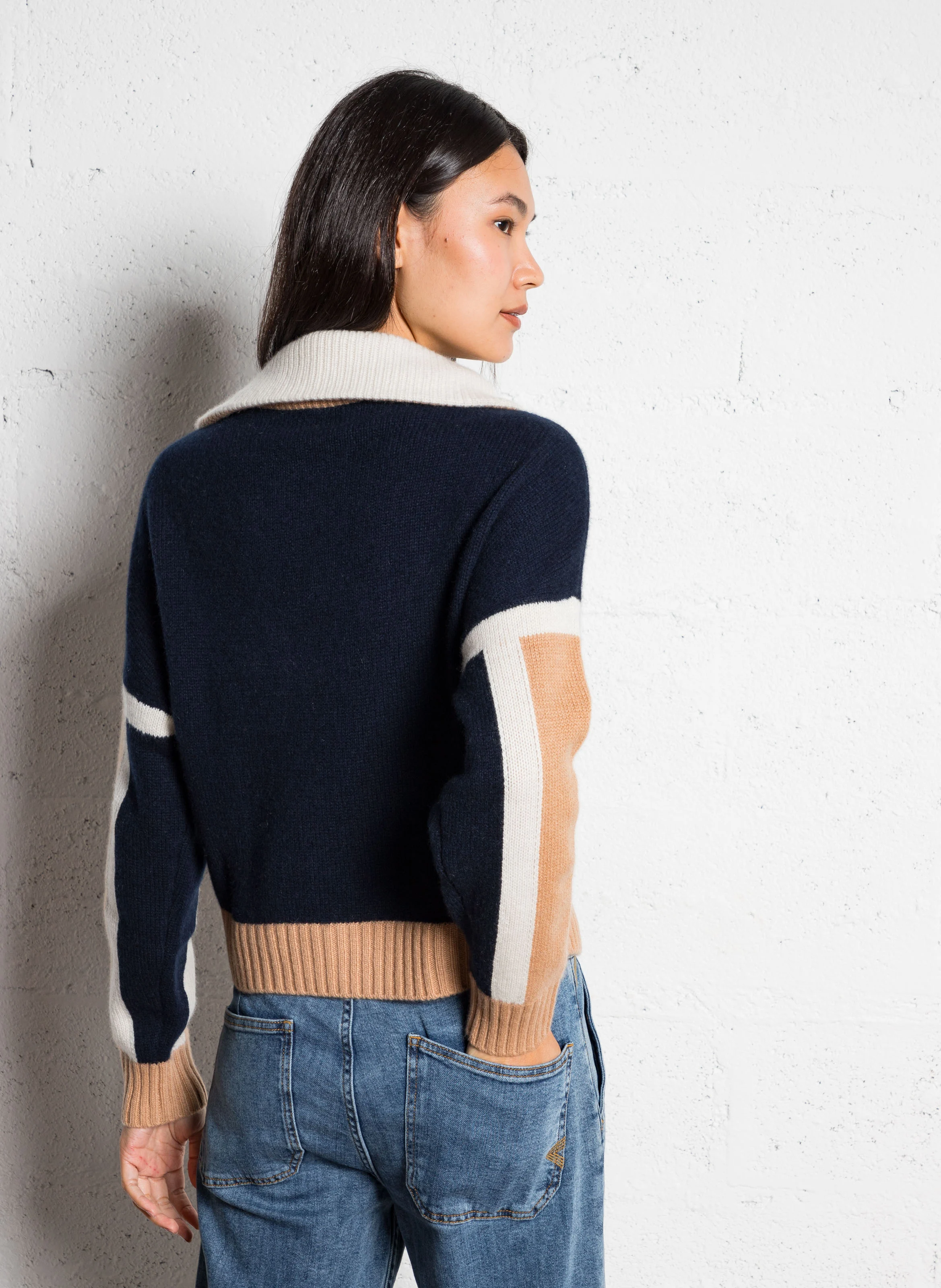 Pull tricolore en cachemire| Bleu
