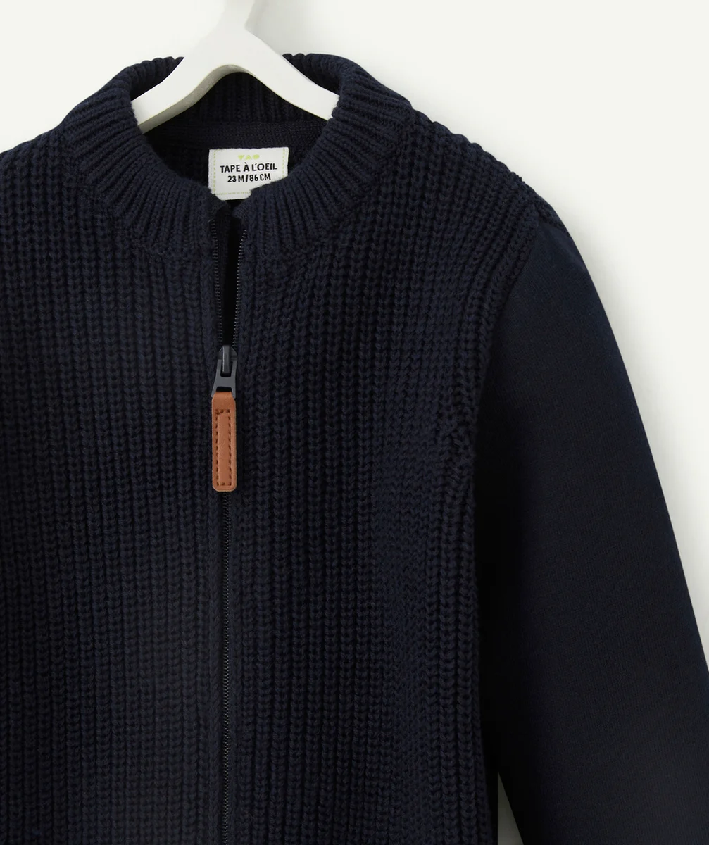 GILET EN TRICOT À ZIP BI MATIÈRE BLEU MARINE BÉBÉ GARÇON